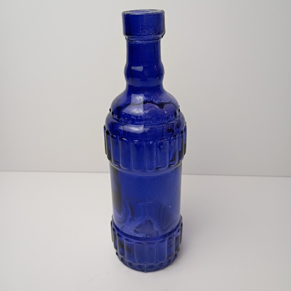 Made In Spain Signed Cobalt Blue Beaded & Ribbed  Glass Bottle 9"